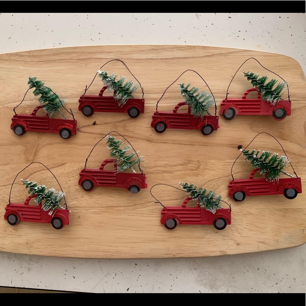 Set of 8 vintage red truck ornaments